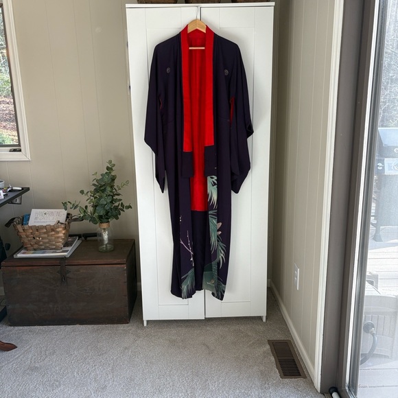 Elegant Vintage Kimono Jacket - Red Navy Handmade Size Tall L - Picture 2 of 9